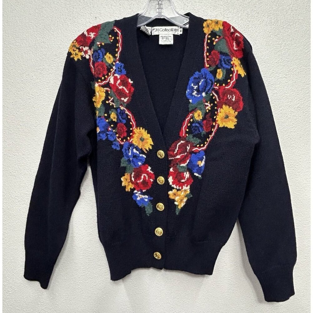Vintage JH Collectibles 100% Wool Knit Cardigan Sweater Medium Floral Chunky